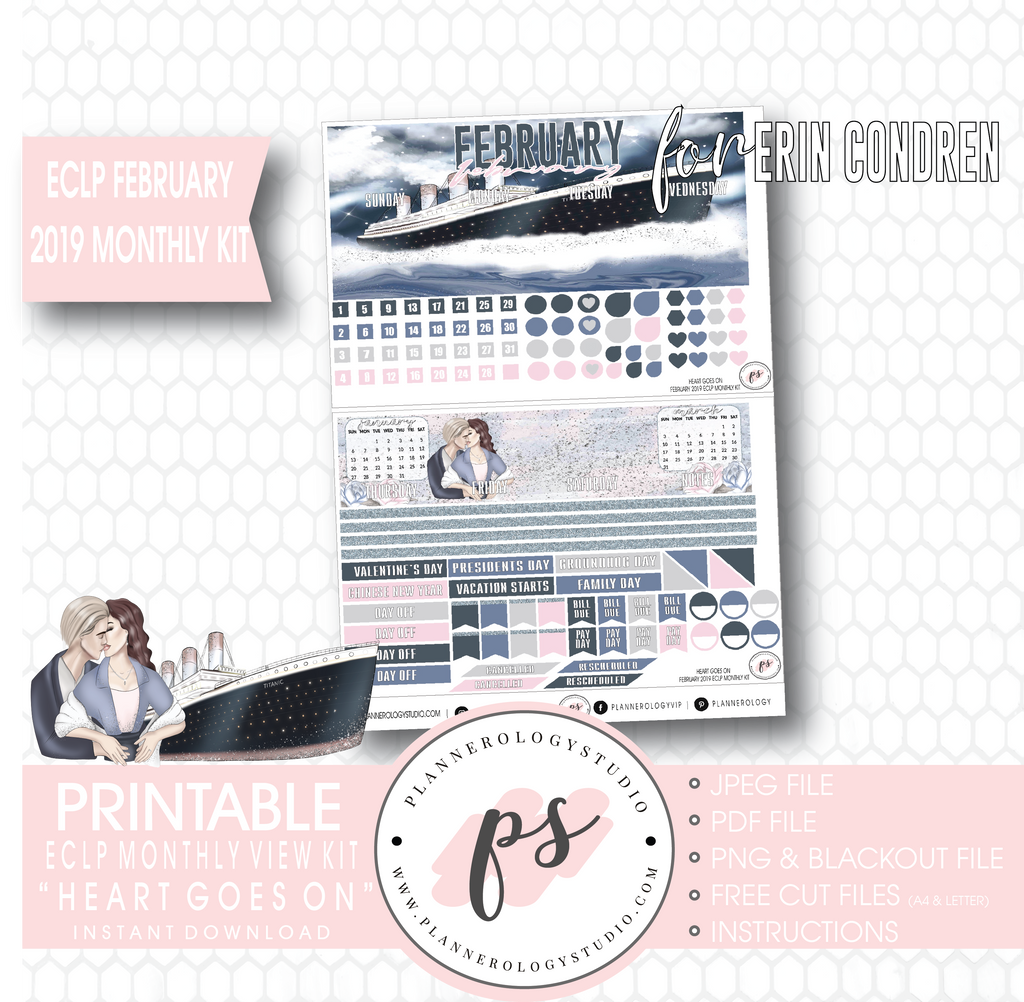 Heart Goes On (Titanic) February 2019 Monthly View Kit Digital Printable Planner Stickers (for use with Erin Condren) - Plannerologystudio