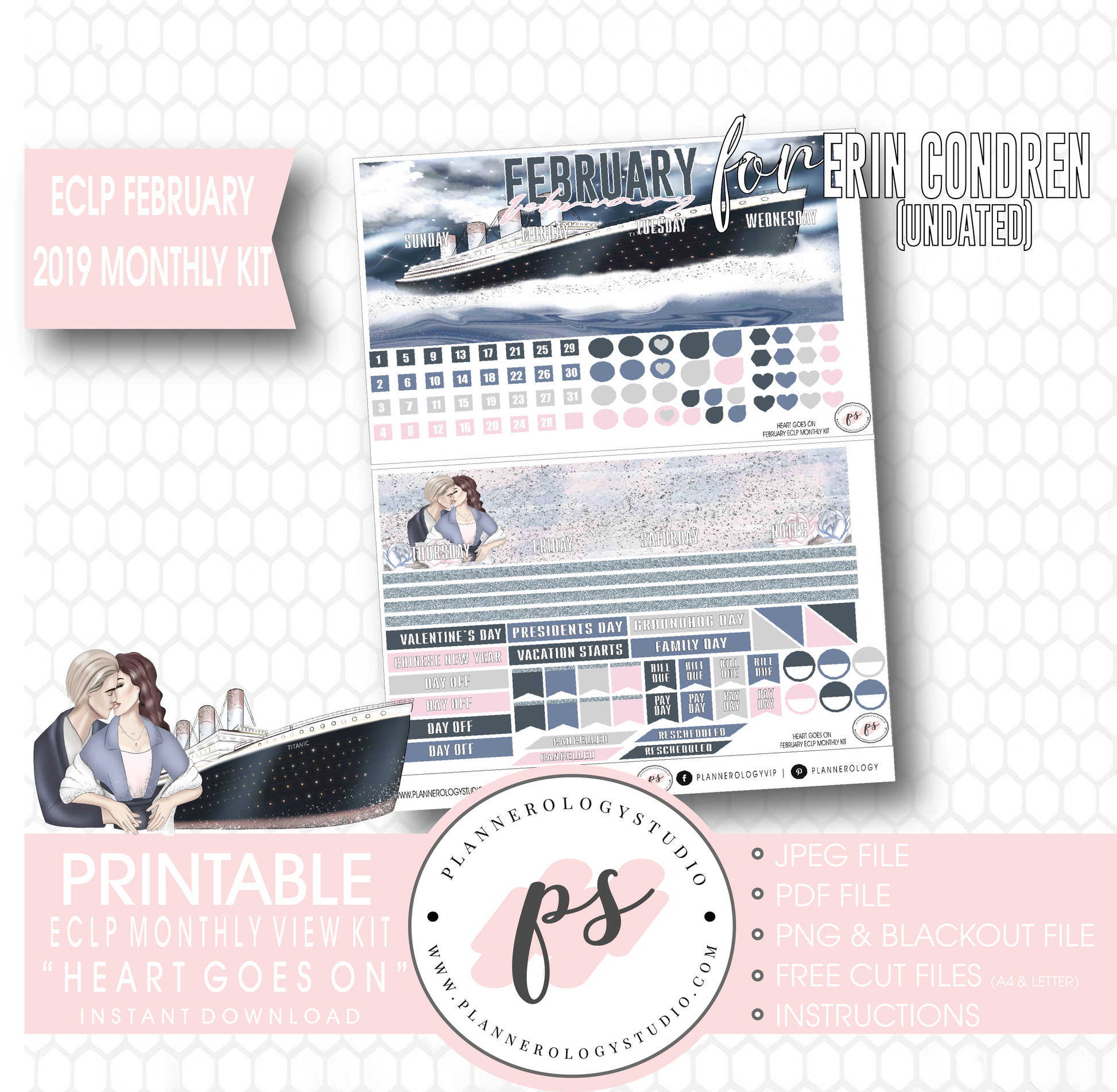 Heart Goes On (Titanic) February 2019 (Undated) Monthly View Kit Digital Printable Planner Stickers (for use with Erin Condren) - Plannerologystudio