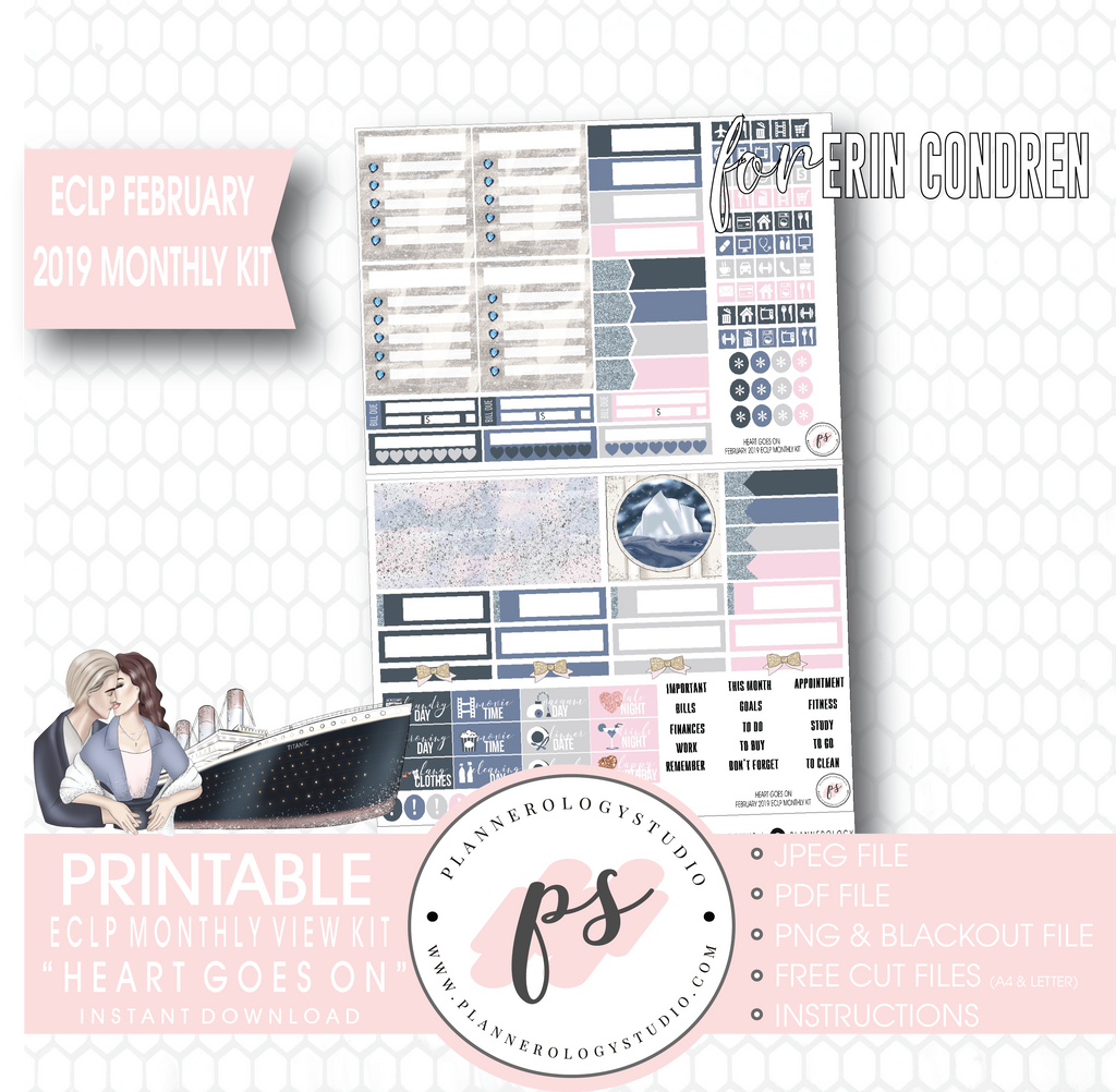 Heart Goes On (Titanic) February 2019 Monthly View Kit Digital Printable Planner Stickers (for use with Erin Condren) - Plannerologystudio