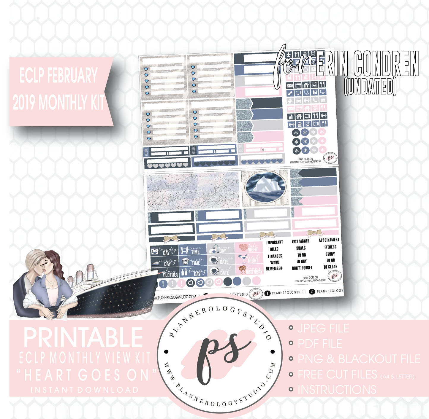 Heart Goes On (Titanic) February 2019 (Undated) Monthly View Kit Digital Printable Planner Stickers (for use with Erin Condren) - Plannerologystudio