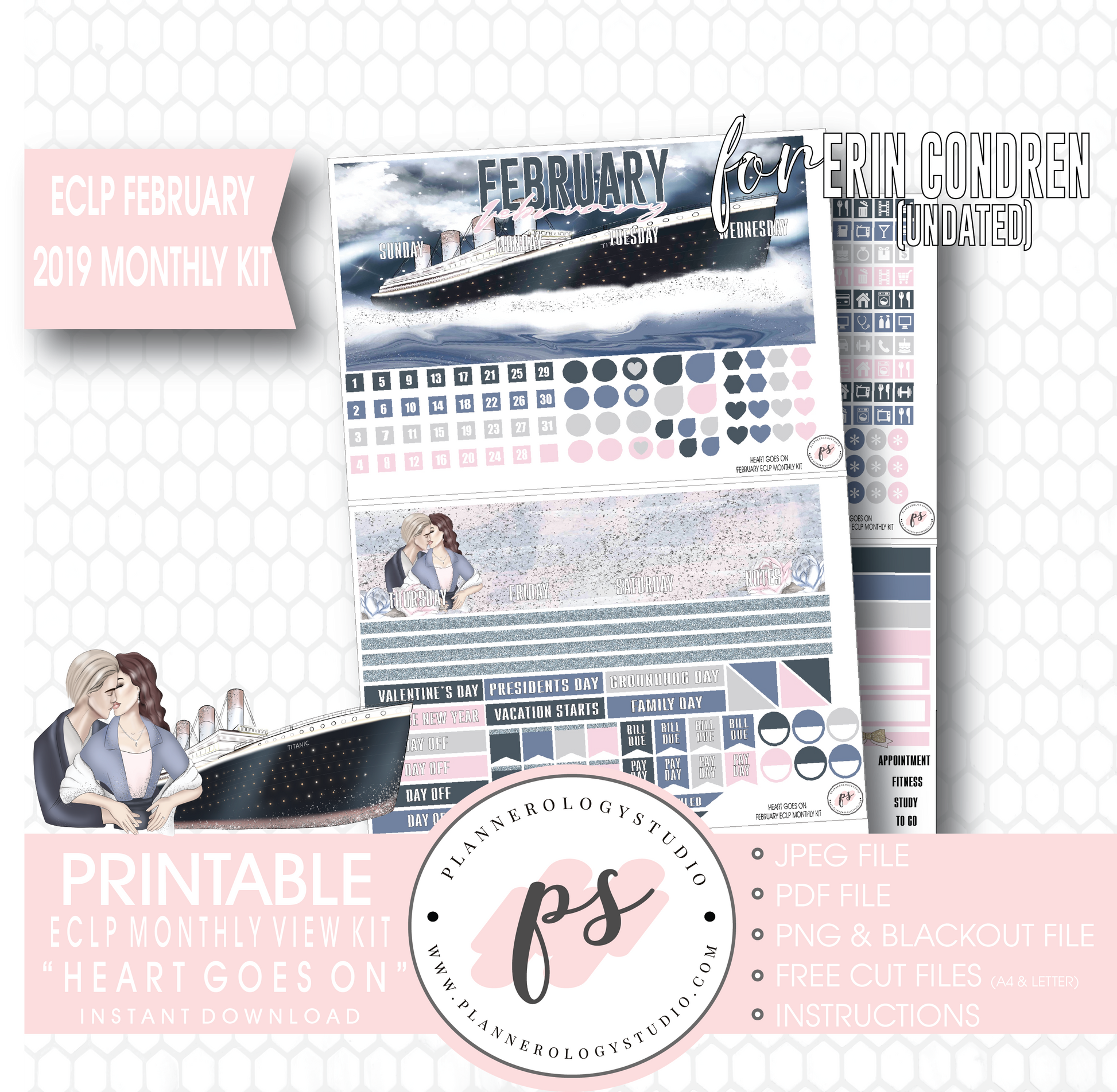 Heart Goes On (Titanic) February 2019 (Undated) Monthly View Kit Digital Printable Planner Stickers (for use with Erin Condren) - Plannerologystudio