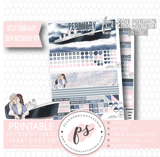 Heart Goes On (Titanic) February 2019 (Undated) Monthly View Kit Digital Printable Planner Stickers (for use with Erin Condren) - Plannerologystudio