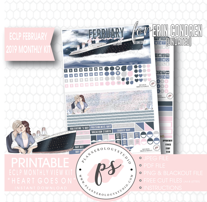 Heart Goes On (Titanic) February 2019 (Undated) Monthly View Kit Digital Printable Planner Stickers (for use with Erin Condren) - Plannerologystudio