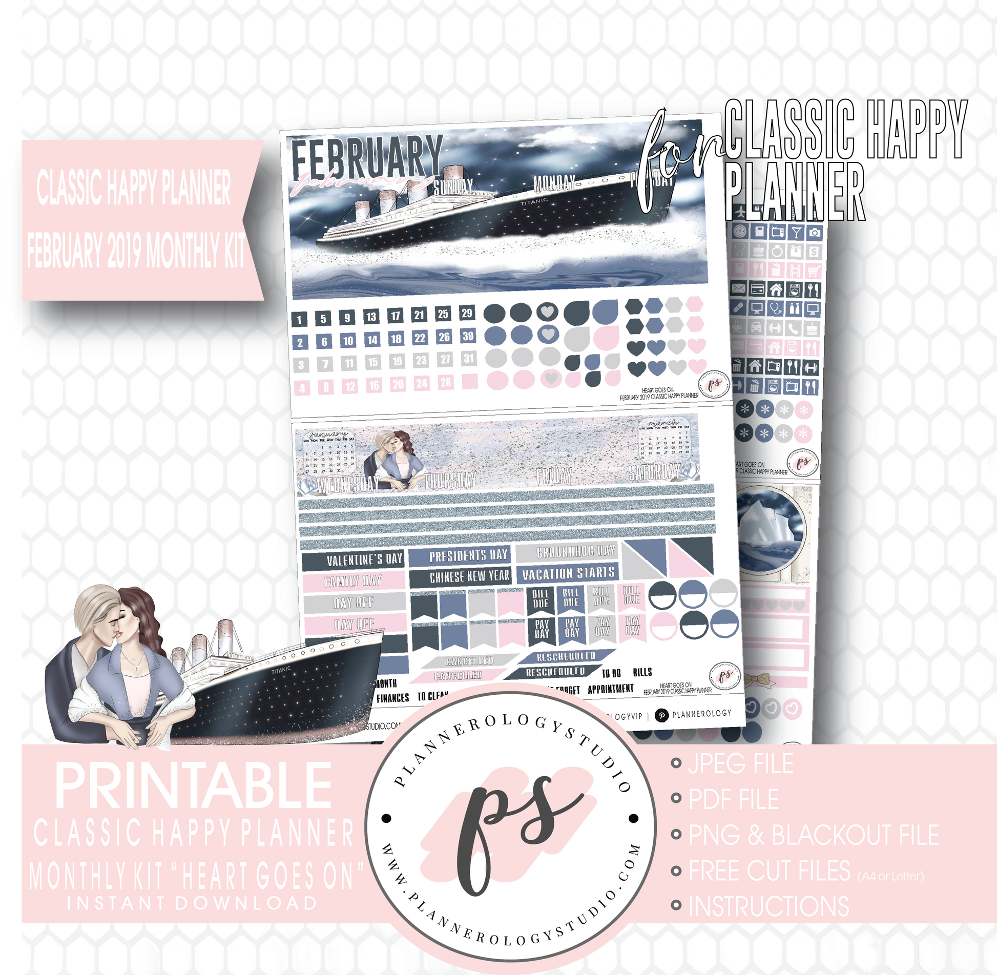 Heart Goes On (Titanic) February 2019 Monthly View Kit Digital Printable Planner Stickers (for use with Classic Happy Planner) - Plannerologystudio