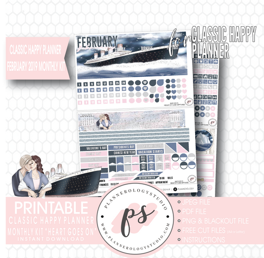 Heart Goes On (Titanic) February 2019 Monthly View Kit Digital Printable Planner Stickers (for use with Classic Happy Planner) - Plannerologystudio