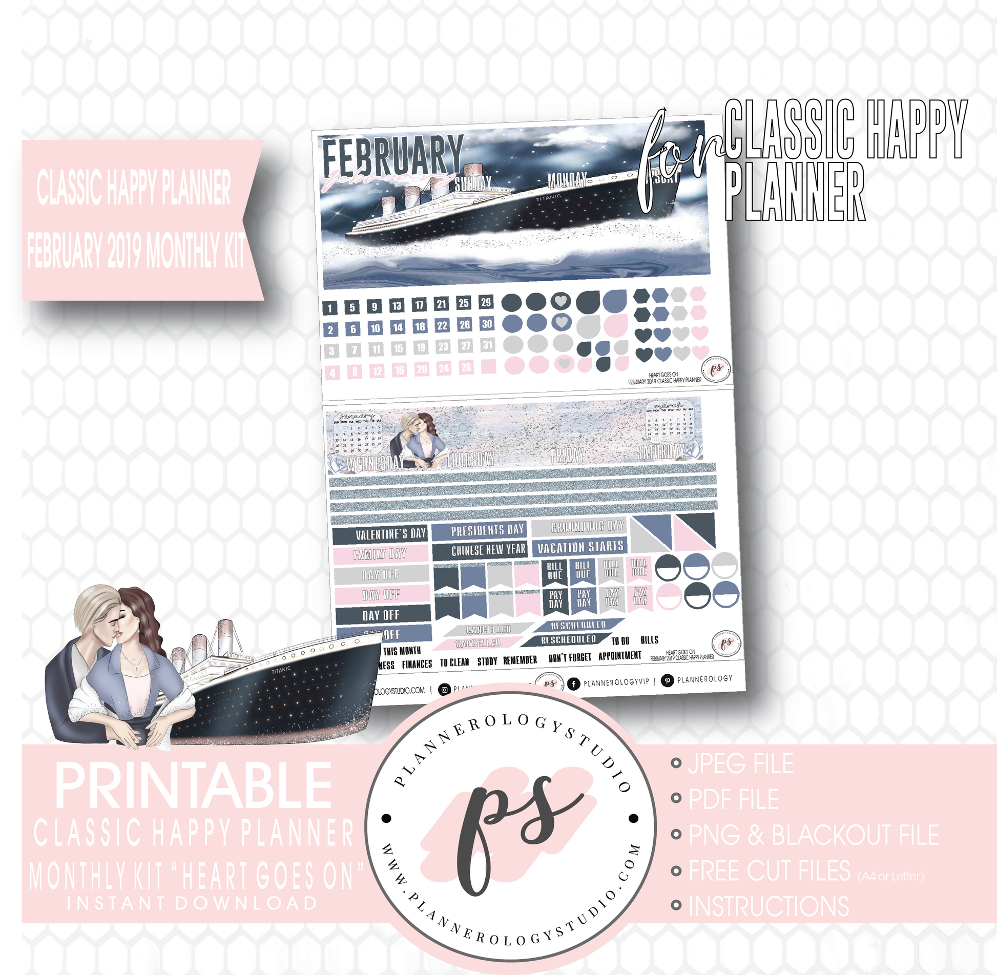 Heart Goes On (Titanic) February 2019 Monthly View Kit Digital Printable Planner Stickers (for use with Classic Happy Planner) - Plannerologystudio