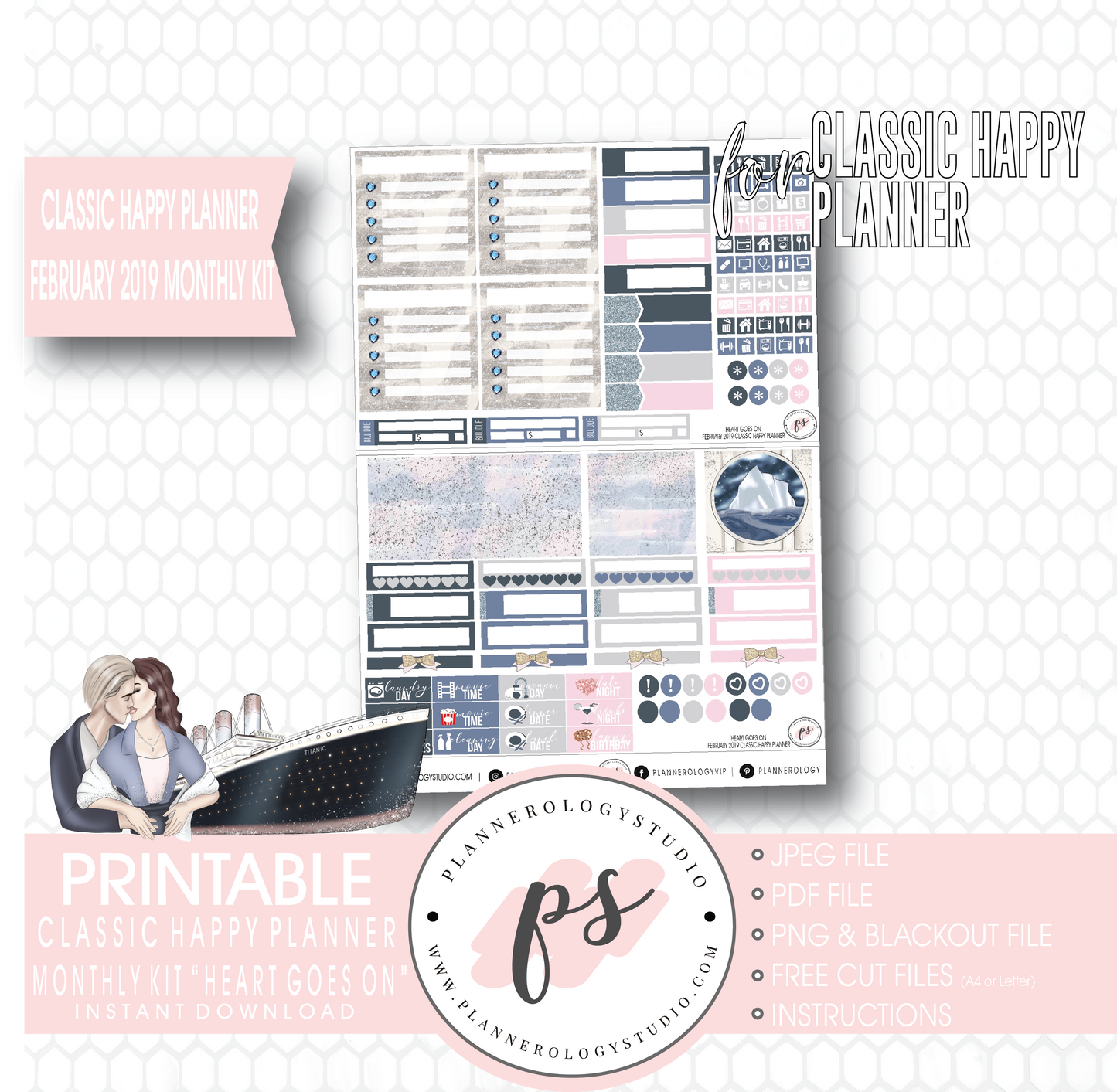 Heart Goes On (Titanic) February 2019 Monthly View Kit Digital Printable Planner Stickers (for use with Classic Happy Planner) - Plannerologystudio