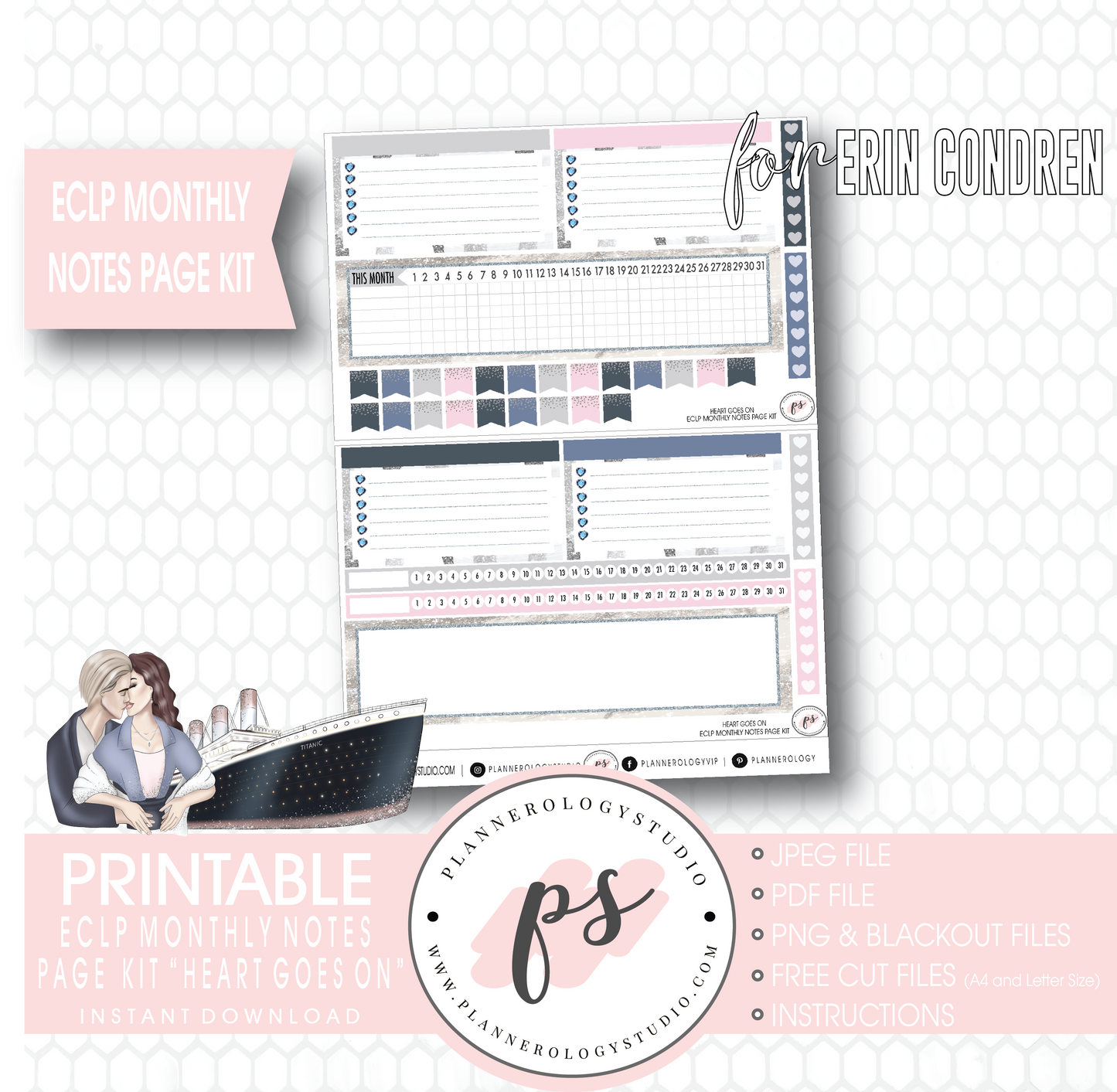 Heart Goes On (Titanic) Monthly Notes Page Kit Digital Printable Planner Stickers (for use with Erin Condren) - Plannerologystudio