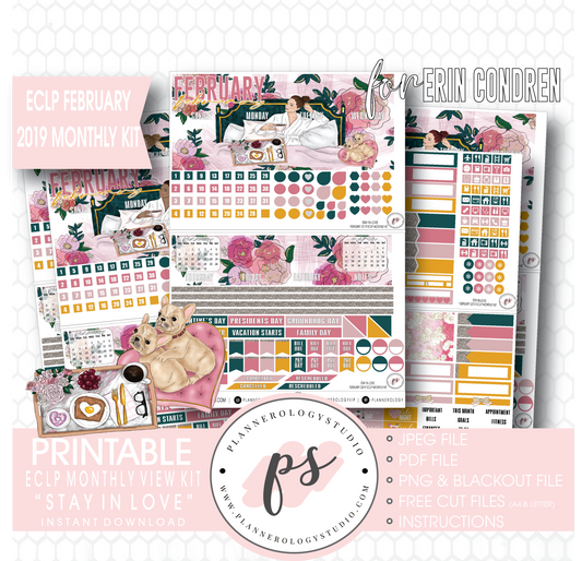 Stay in Love Valentine's Day February 2019 Monthly View Kit Digital Printable Planner Stickers (for use with Erin Condren) - Plannerologystudio