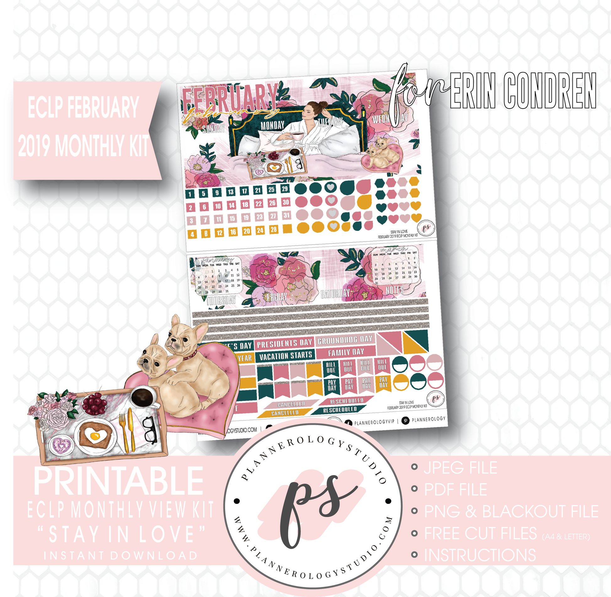 Stay in Love Valentine's Day February 2019 Monthly View Kit Digital Printable Planner Stickers (for use with Erin Condren) - Plannerologystudio