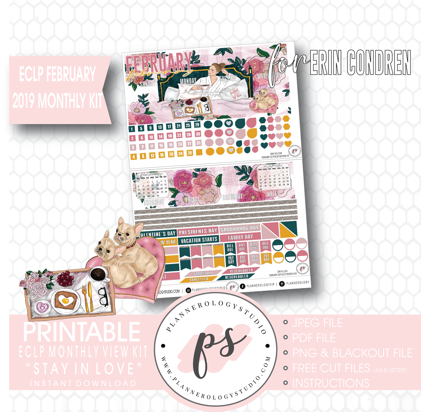 Stay in Love Valentine's Day February 2019 Monthly View Kit Digital Printable Planner Stickers (for use with Erin Condren) - Plannerologystudio