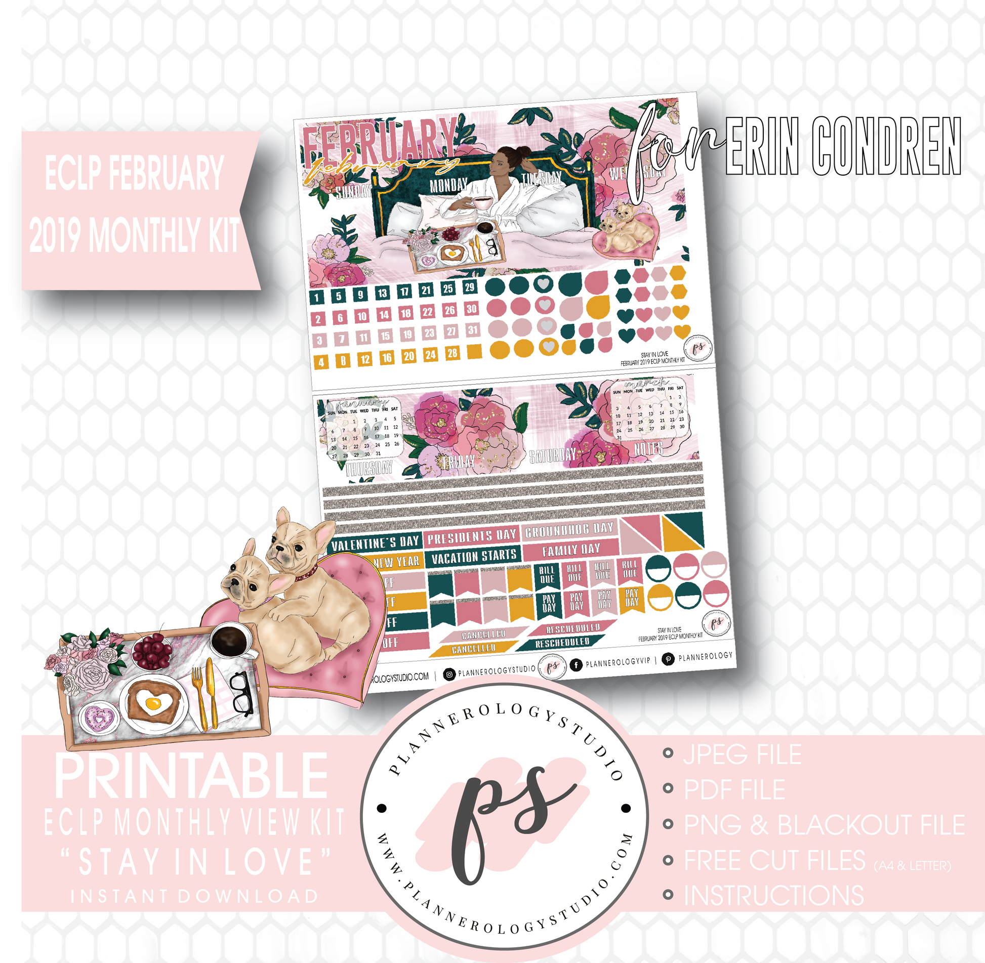 Stay in Love Valentine's Day February 2019 Monthly View Kit Digital Printable Planner Stickers (for use with Erin Condren) - Plannerologystudio