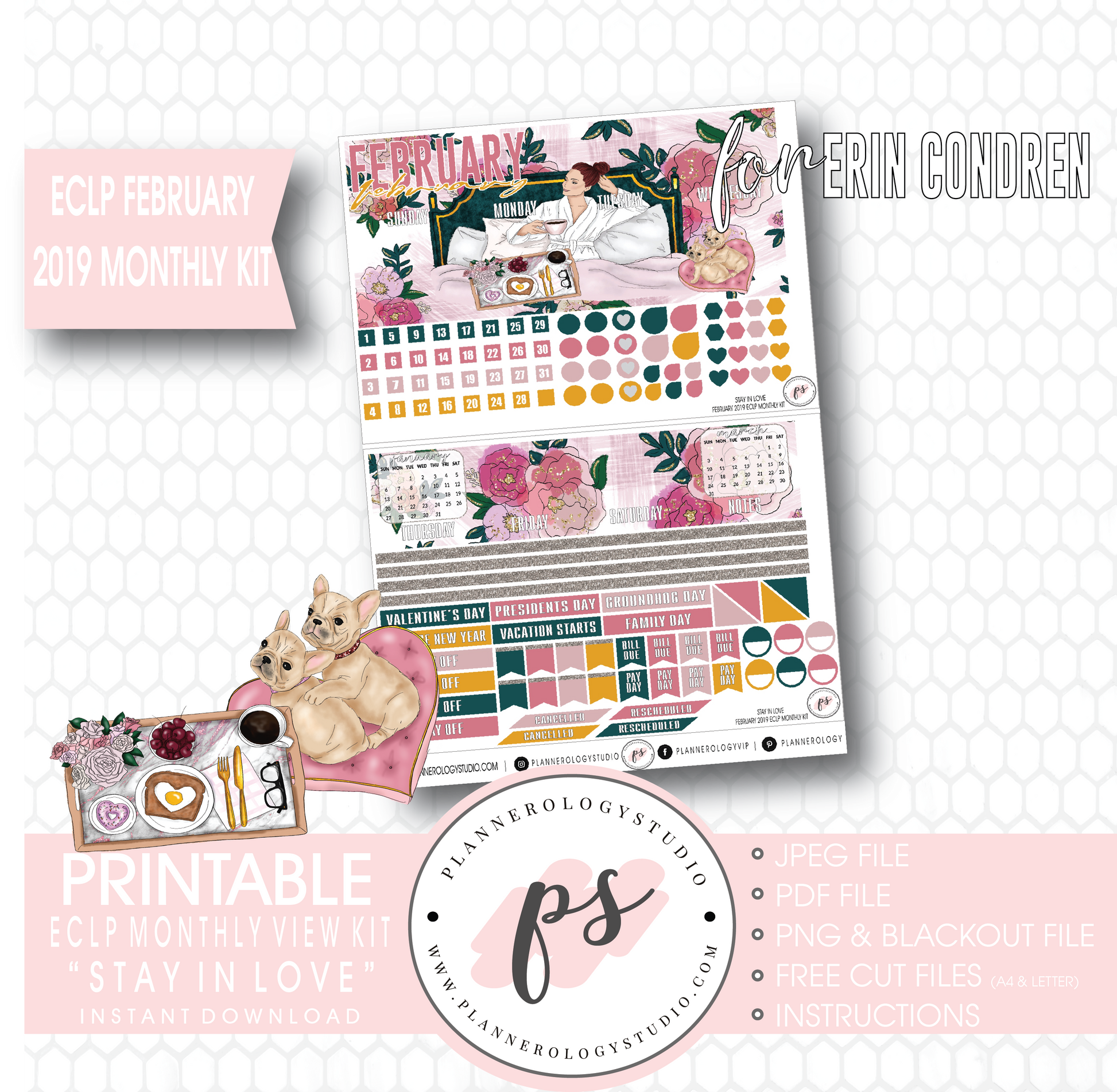 Stay in Love Valentine's Day February 2019 Monthly View Kit Digital Printable Planner Stickers (for use with Erin Condren) - Plannerologystudio