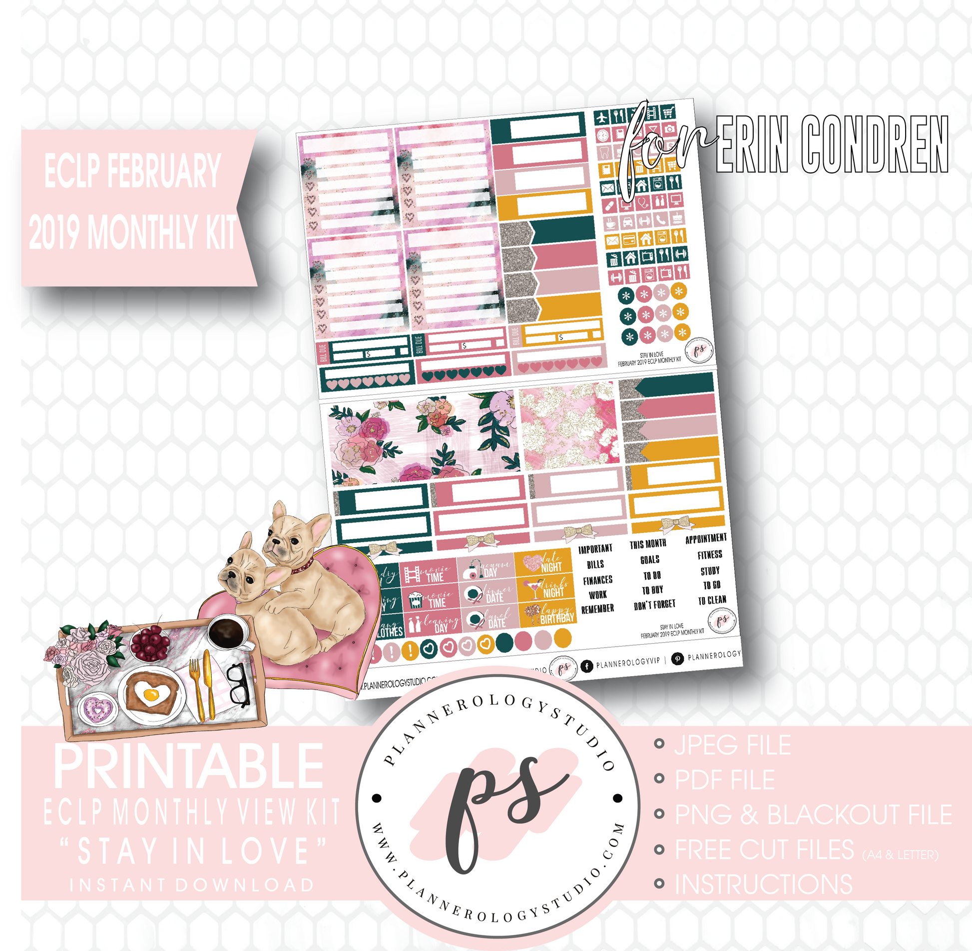 Stay in Love Valentine's Day February 2019 Monthly View Kit Digital Printable Planner Stickers (for use with Erin Condren) - Plannerologystudio