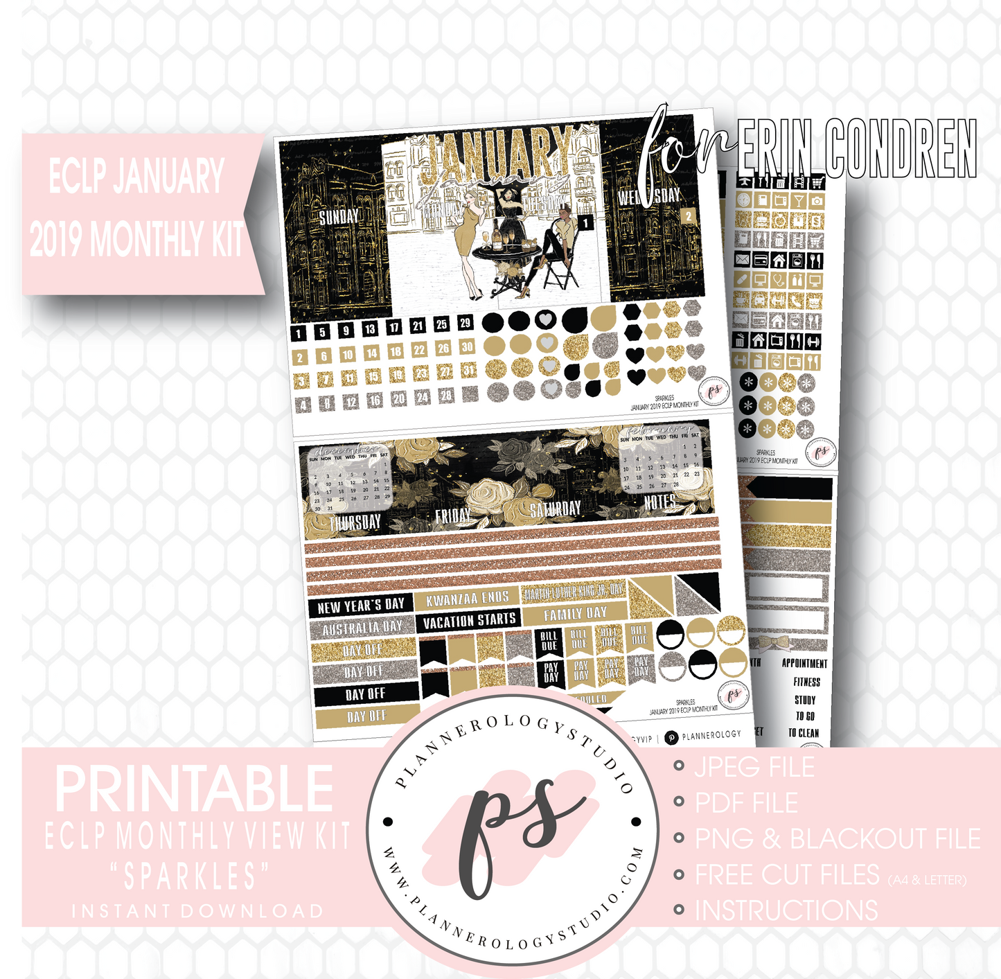 Sparkles New Years January 2019 Monthly View Kit Digital Printable Planner Stickers (for use with Erin Condren) - Plannerologystudio