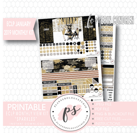 Sparkles New Years January 2019 Monthly View Kit Digital Printable Planner Stickers (for use with Erin Condren) - Plannerologystudio