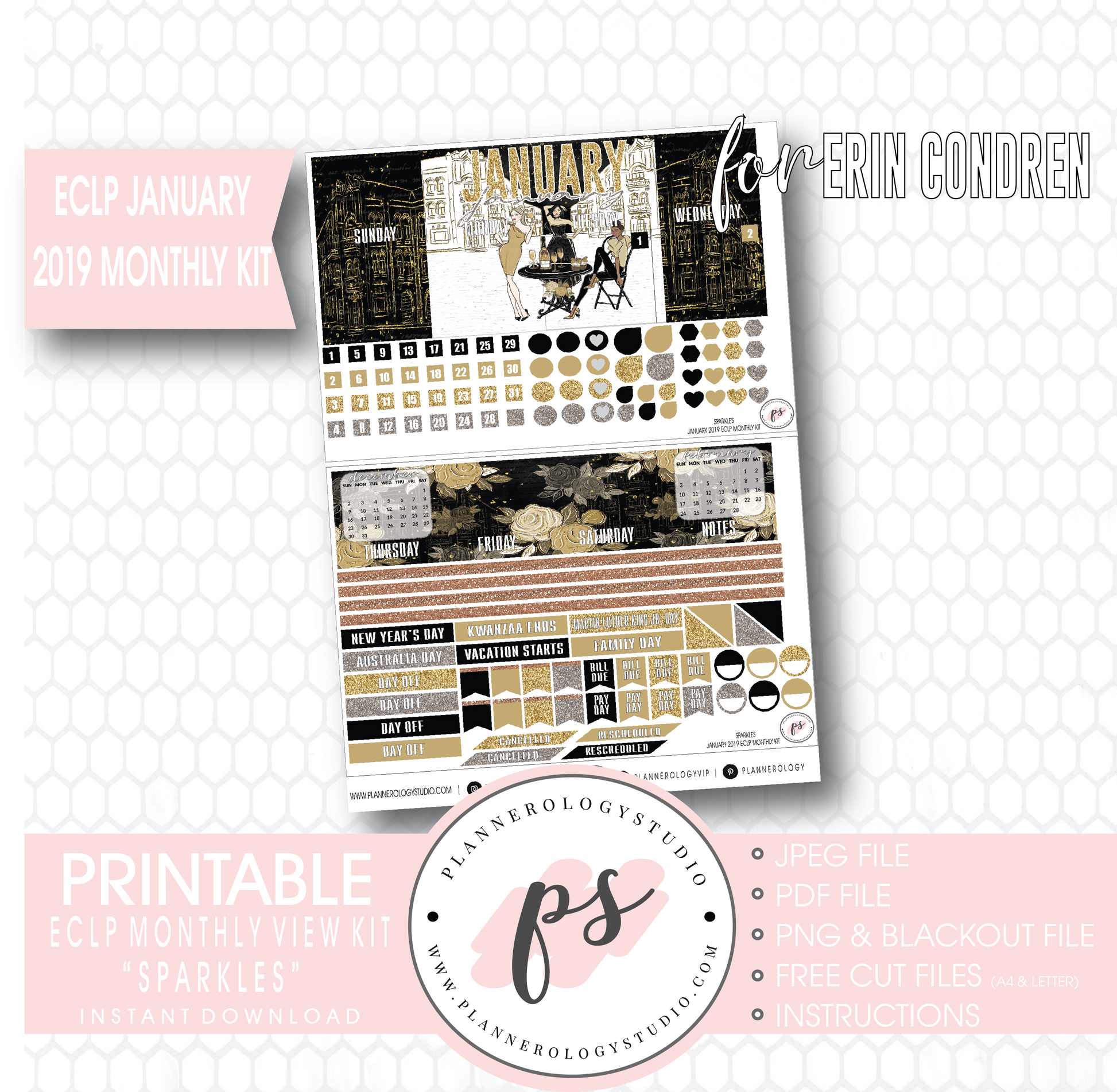 Sparkles New Years January 2019 Monthly View Kit Digital Printable Planner Stickers (for use with Erin Condren) - Plannerologystudio
