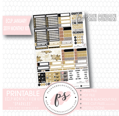 Sparkles New Years January 2019 Monthly View Kit Digital Printable Planner Stickers (for use with Erin Condren) - Plannerologystudio
