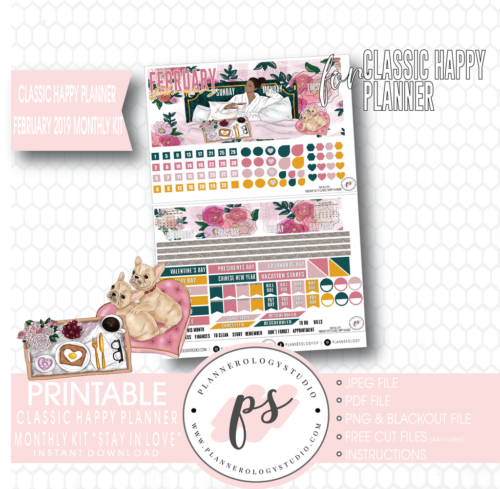 Stay in Love Valentine's Day February 2019 Monthly View Kit Digital Printable Planner Stickers (for use with Classic Happy Planner) - Plannerologystudio
