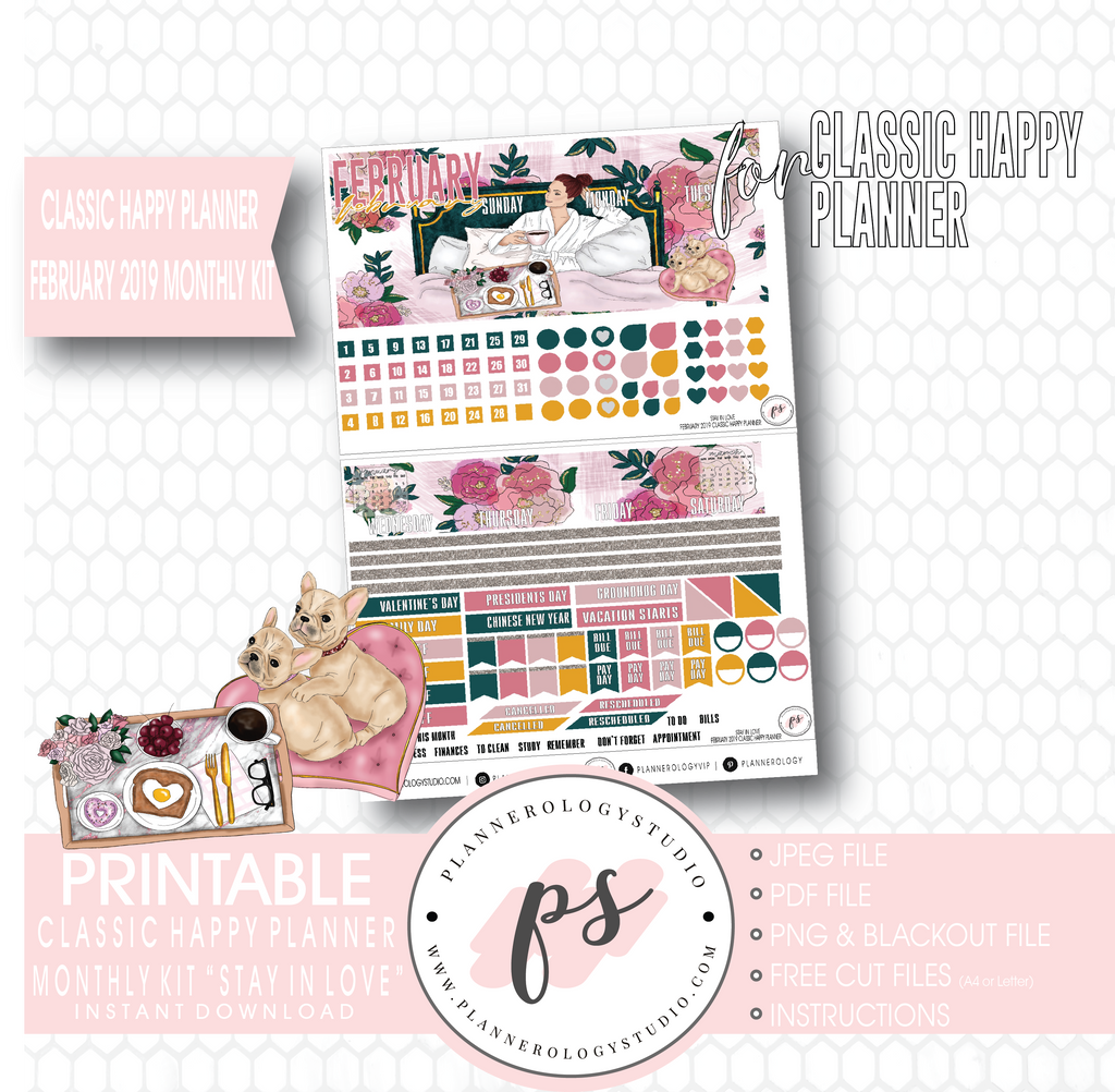 Stay in Love Valentine's Day February 2019 Monthly View Kit Digital Printable Planner Stickers (for use with Classic Happy Planner) - Plannerologystudio