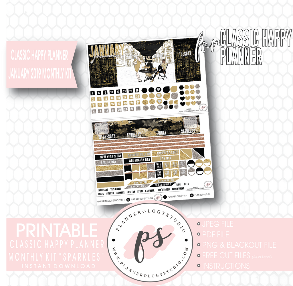 Sparkles New Years January 2019 Monthly View Kit Digital Printable Planner Stickers (for use with Classic Happy Planner) - Plannerologystudio