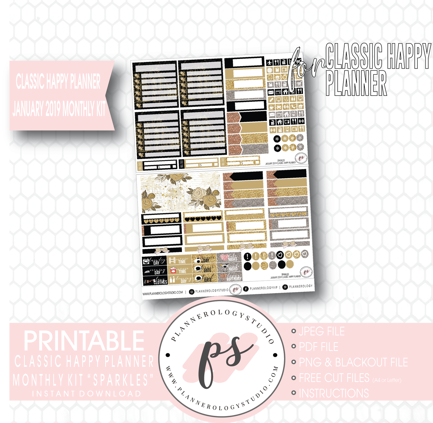Sparkles New Years January 2019 Monthly View Kit Digital Printable Planner Stickers (for use with Classic Happy Planner) - Plannerologystudio
