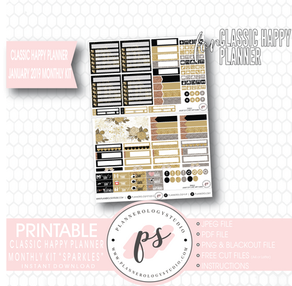 Sparkles New Years January 2019 Monthly View Kit Digital Printable Planner Stickers (for use with Classic Happy Planner) - Plannerologystudio