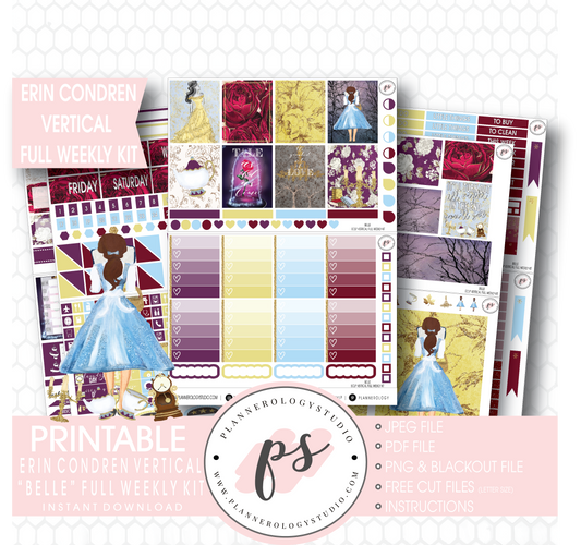 Belle (Beauty & the Beast) Full Weekly Kit Printable Planner Stickers (for use with Erin Condren Vertical) - Plannerologystudio