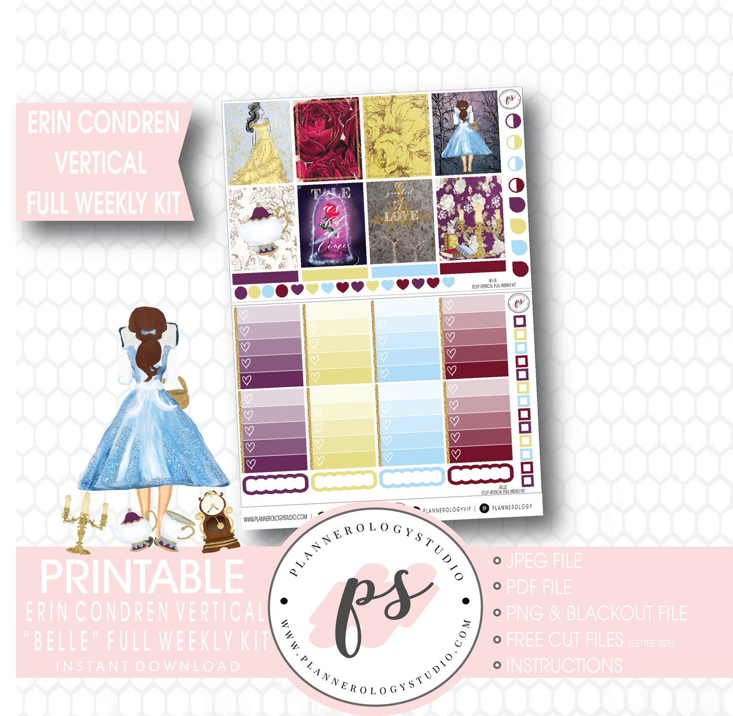 Belle (Beauty & the Beast) Full Weekly Kit Printable Planner Stickers (for use with Erin Condren Vertical) - Plannerologystudio