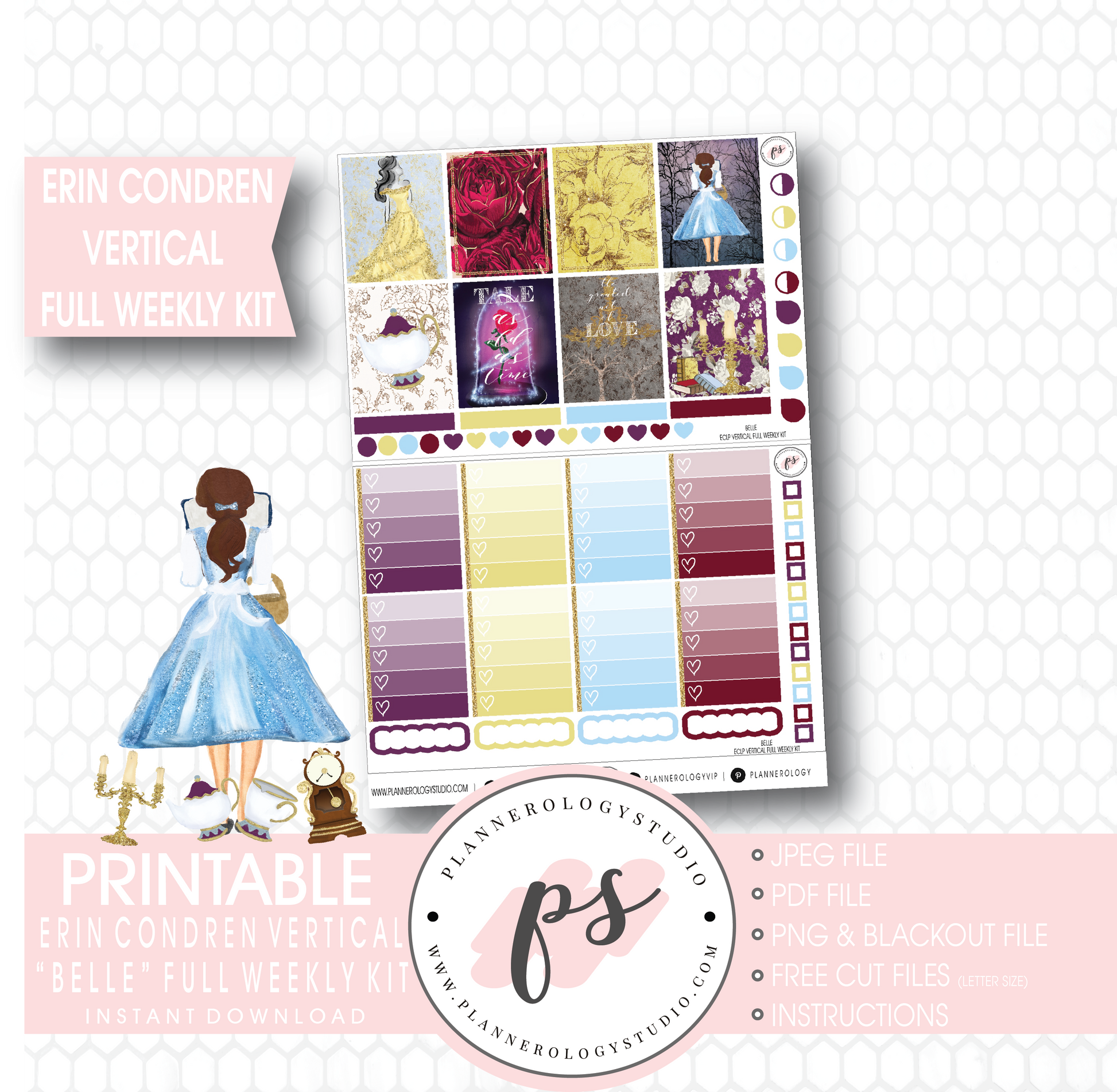 Belle (Beauty & the Beast) Full Weekly Kit Printable Planner Stickers (for use with Erin Condren Vertical) - Plannerologystudio