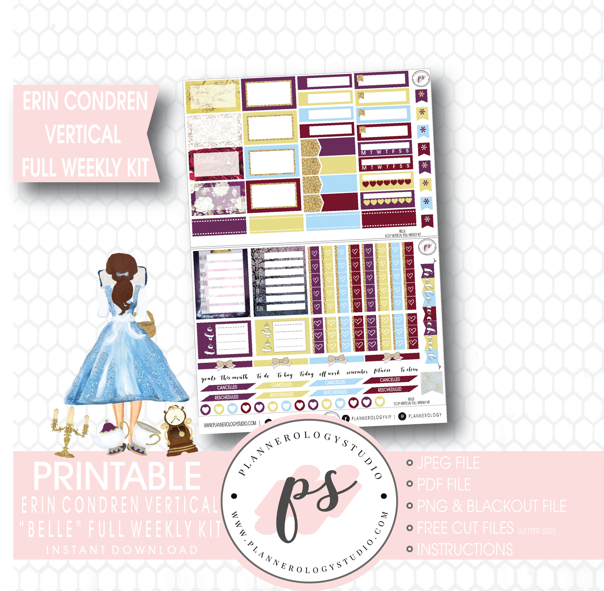 Belle (Beauty & the Beast) Full Weekly Kit Printable Planner Stickers (for use with Erin Condren Vertical) - Plannerologystudio