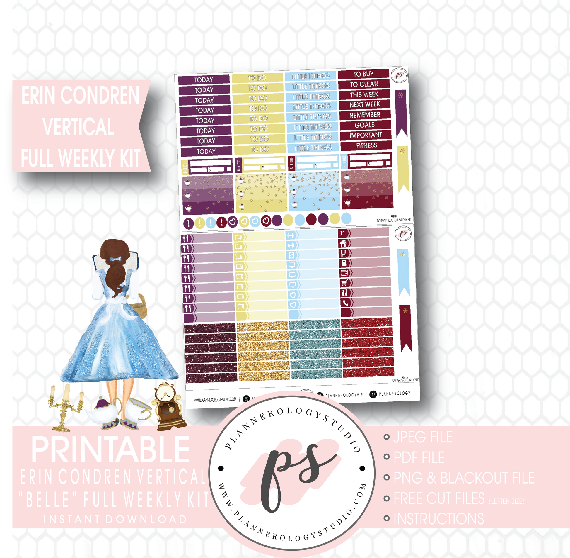 Belle (Beauty & the Beast) Full Weekly Kit Printable Planner Stickers (for use with Erin Condren Vertical) - Plannerologystudio