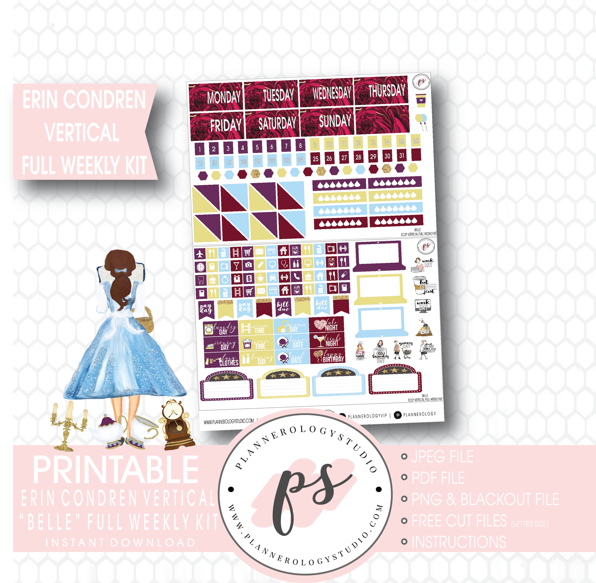 Belle (Beauty & the Beast) Full Weekly Kit Printable Planner Stickers (for use with Erin Condren Vertical) - Plannerologystudio
