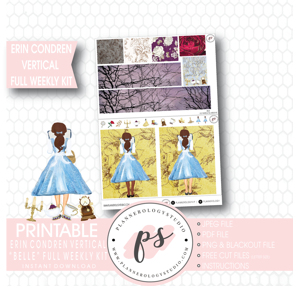 Belle (Beauty & the Beast) Full Weekly Kit Printable Planner Stickers (for use with Erin Condren Vertical) - Plannerologystudio