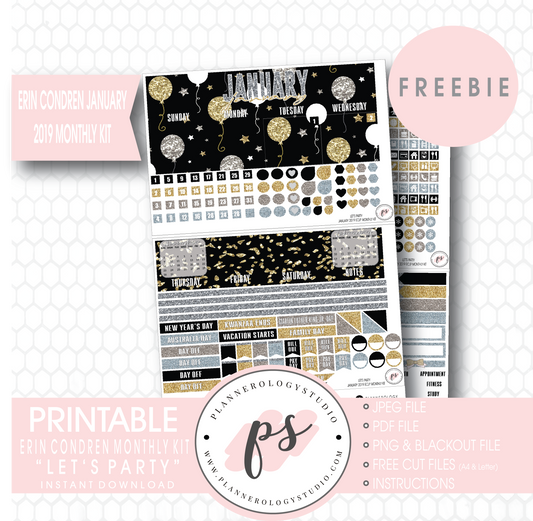 Let's Party ECLP Erin Condren January 2019 Monthly Kit Digital Printable Planner Stickers (PDF/JPG/PNG/Cut File Freebie) - Plannerologystudio