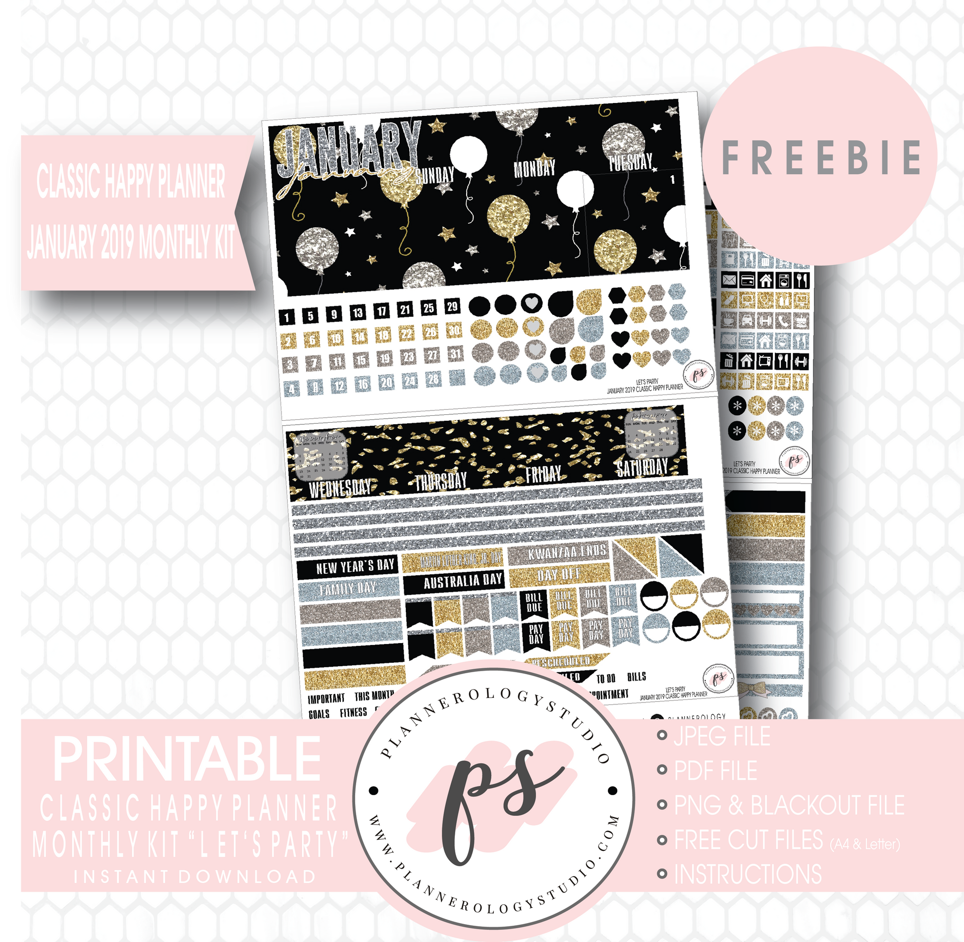 Let's Party Classic Happy Planner January 2019 Monthly Kit Digital Printable Planner Stickers (PDF/JPG/PNG/Cut File Freebie) - Plannerologystudio