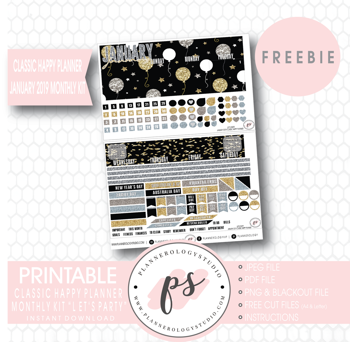 Let's Party Classic Happy Planner January 2019 Monthly Kit Digital Printable Planner Stickers (PDF/JPG/PNG/Cut File Freebie) - Plannerologystudio