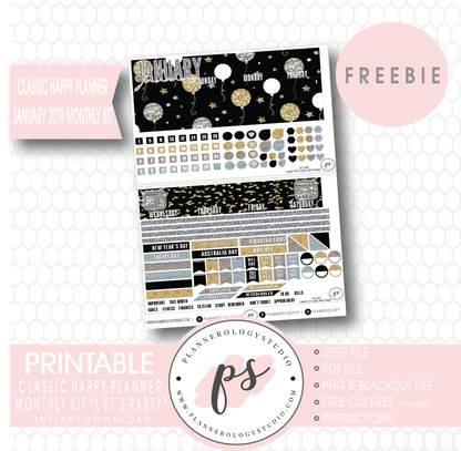 Let's Party Classic Happy Planner January 2019 Monthly Kit Digital Printable Planner Stickers (PDF/JPG/PNG/Cut File Freebie) - Plannerologystudio