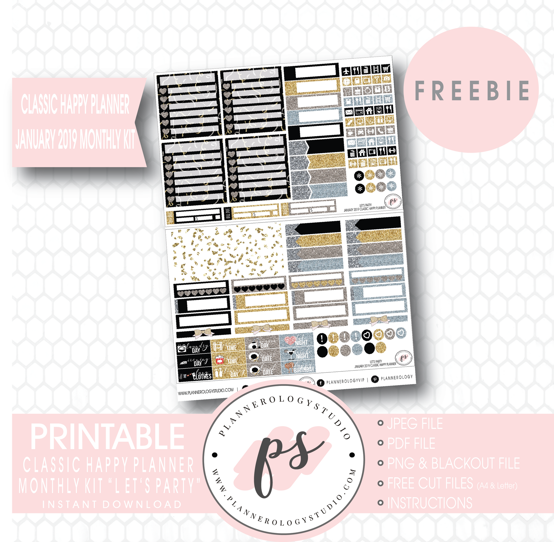 Let's Party Classic Happy Planner January 2019 Monthly Kit Digital Printable Planner Stickers (PDF/JPG/PNG/Cut File Freebie) - Plannerologystudio