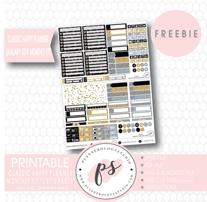 Let's Party Classic Happy Planner January 2019 Monthly Kit Digital Printable Planner Stickers (PDF/JPG/PNG/Cut File Freebie) - Plannerologystudio