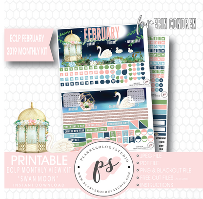 Swan Moon February 2019 Monthly View Kit Digital Printable Planner Stickers (for use with Erin Condren) - Plannerologystudio