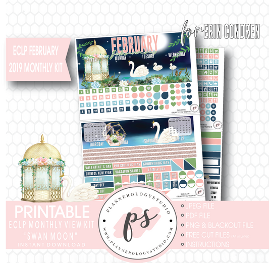 Swan Moon February 2019 Monthly View Kit Digital Printable Planner Stickers (for use with Erin Condren) - Plannerologystudio