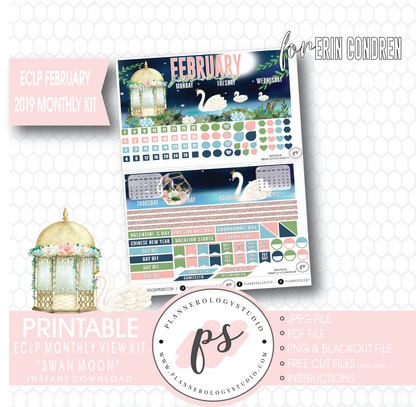 Swan Moon February 2019 Monthly View Kit Digital Printable Planner Stickers (for use with Erin Condren) - Plannerologystudio