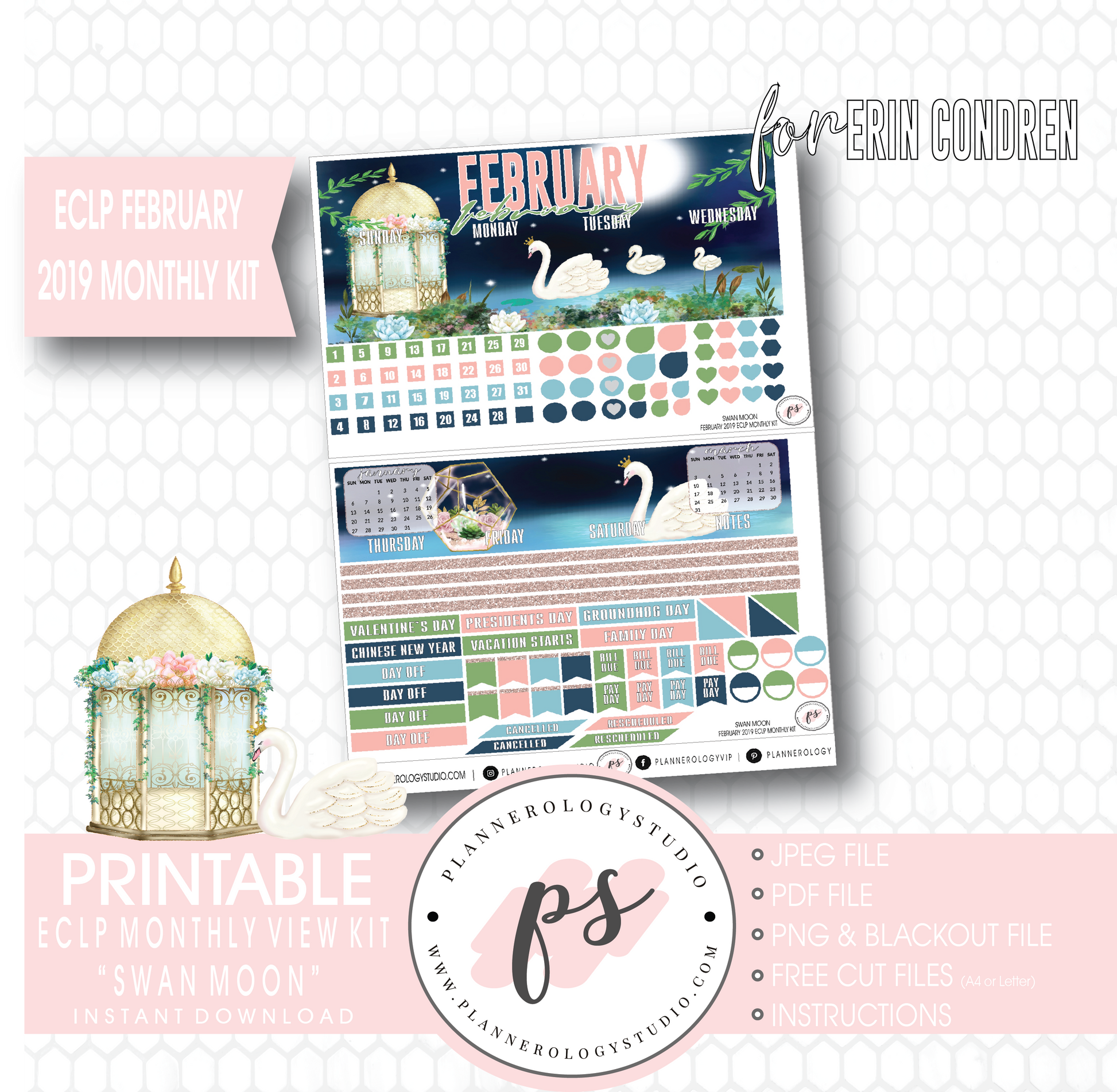 Swan Moon February 2019 Monthly View Kit Digital Printable Planner Stickers (for use with Erin Condren) - Plannerologystudio