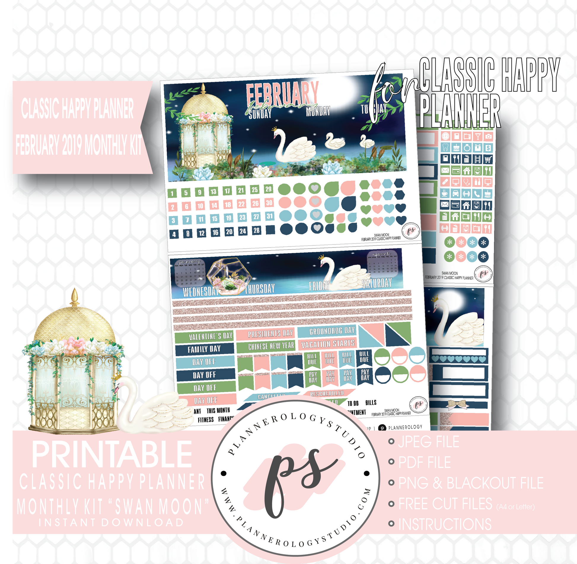 Swan Moon February 2019 Monthly View Kit Digital Printable Planner Stickers (for use with Classic Happy Planner) - Plannerologystudio