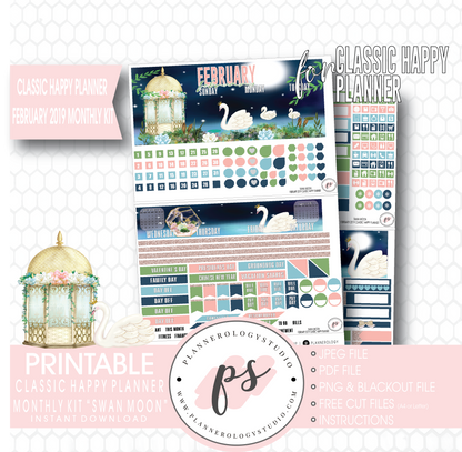 Swan Moon February 2019 Monthly View Kit Digital Printable Planner Stickers (for use with Classic Happy Planner) - Plannerologystudio