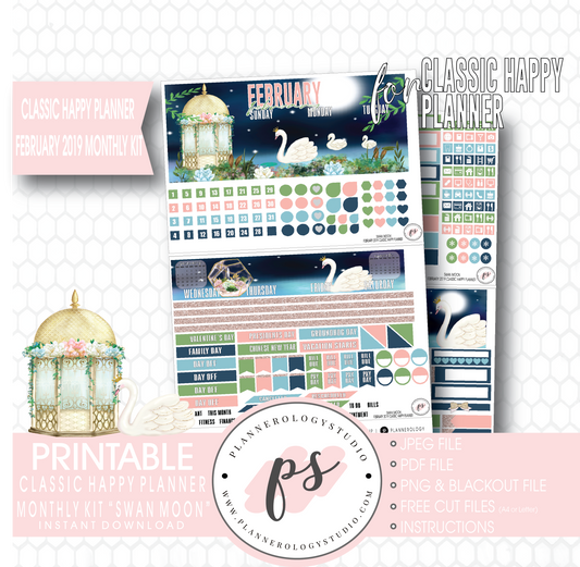 Swan Moon February 2019 Monthly View Kit Digital Printable Planner Stickers (for use with Classic Happy Planner) - Plannerologystudio