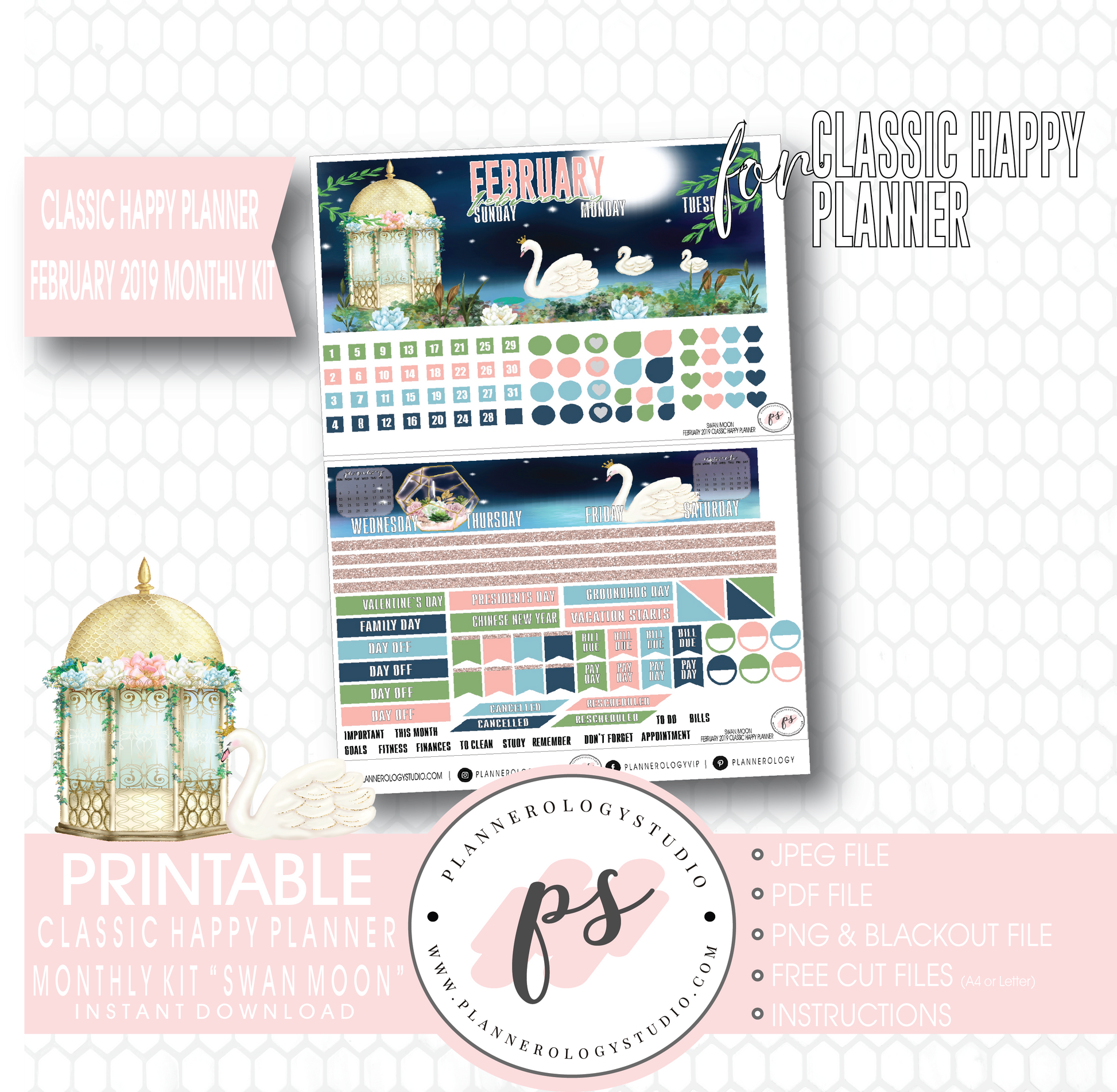 Swan Moon February 2019 Monthly View Kit Digital Printable Planner Stickers (for use with Classic Happy Planner) - Plannerologystudio