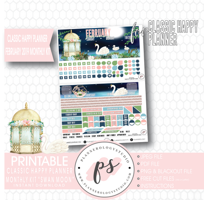 Swan Moon February 2019 Monthly View Kit Digital Printable Planner Stickers (for use with Classic Happy Planner) - Plannerologystudio
