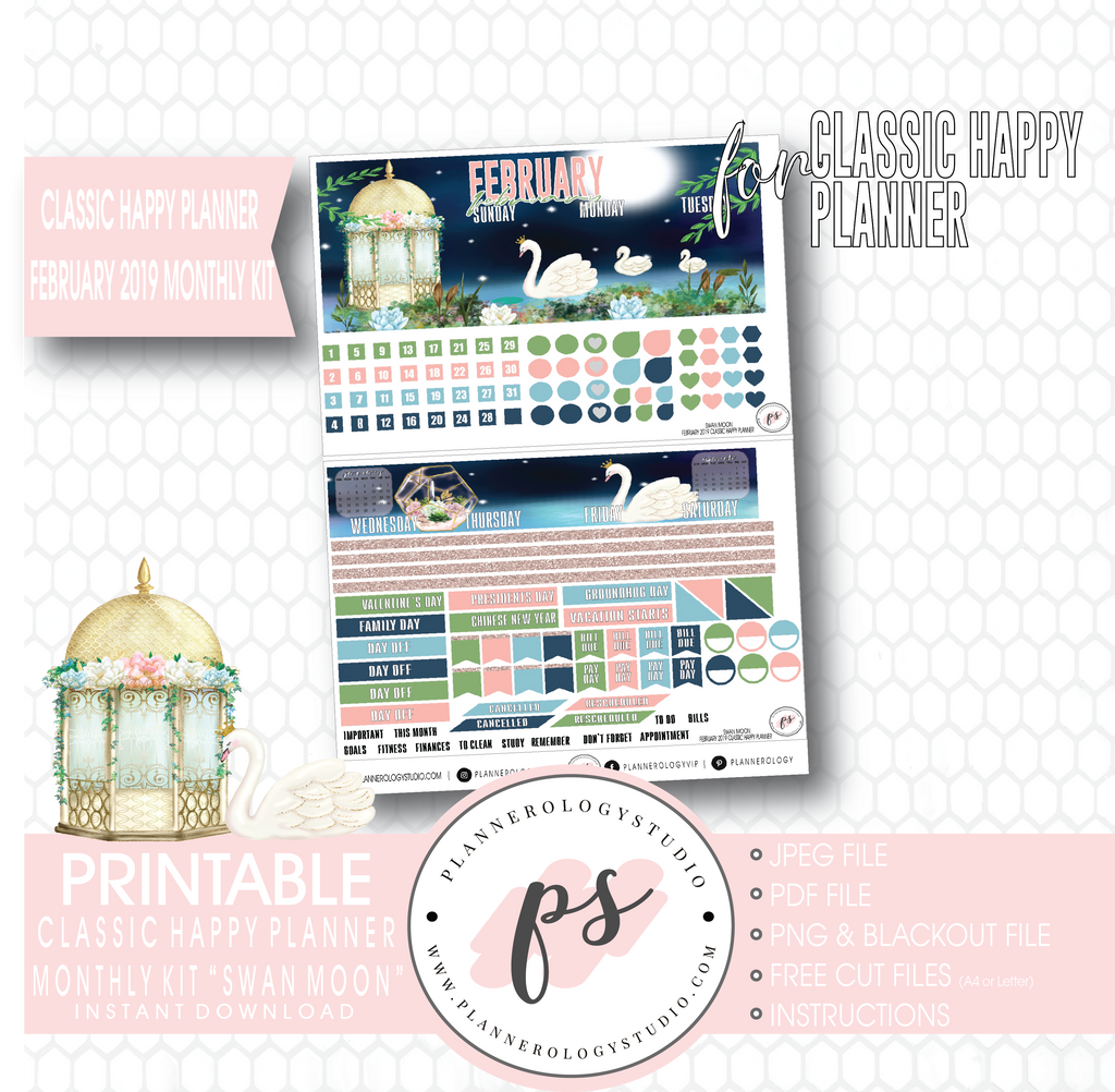 Swan Moon February 2019 Monthly View Kit Digital Printable Planner Stickers (for use with Classic Happy Planner) - Plannerologystudio